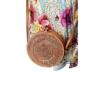 Urban Outfitters Round Hand Woven Straw Rattan Basket Purse Crossbody Bag Boho